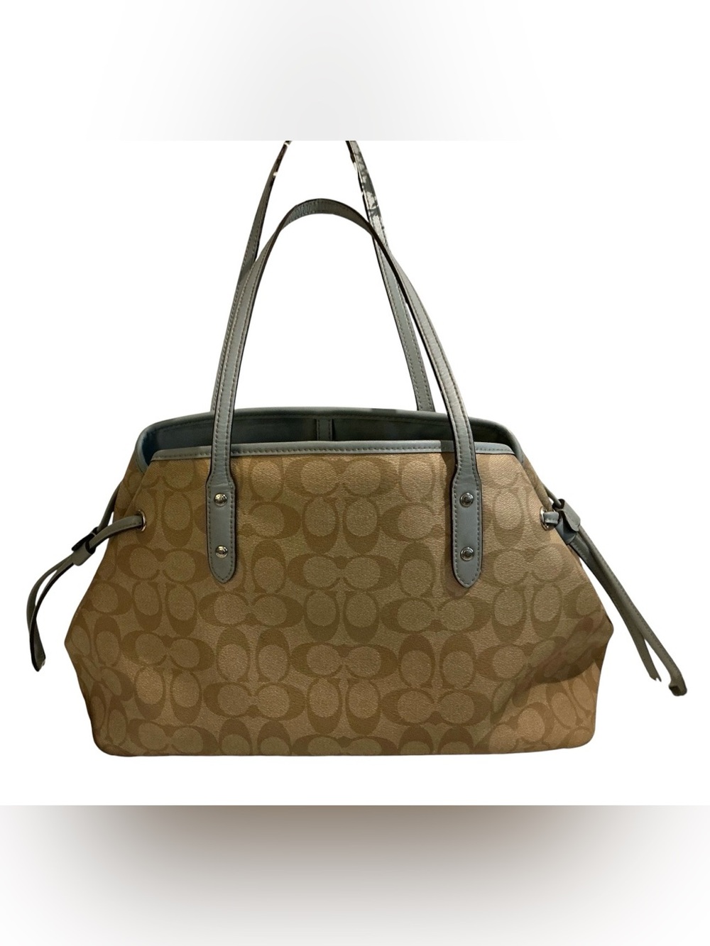 Coach Signature Drawstring Carryall Tote Khaki Powder Blue Leather Authenticated - Picture 2 of 13